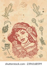 Mexican woman portrait. Latin ethnic girl in national clothes vertical background. Mexico people frame. Old paper vector. Cover page template