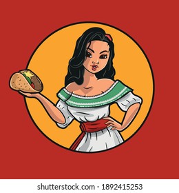 Mexican Woman Serving A Taco In Fast Food