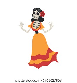 Mexican Woman Skeleton in a Dress Dancing, Day of the Dead Dia de los Muertos Concept Vector Illustration