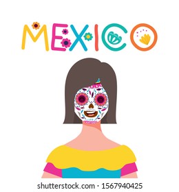 Mexican woman with skull face design, Mexico culture tourism landmark latin and party theme Vector illustration