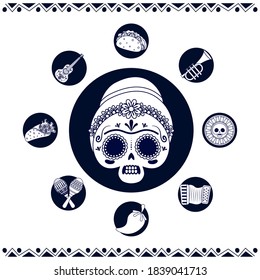 mexican woman skull and set line style icons vector illustration design