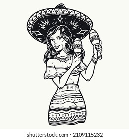 Mexican woman in sombrero, hoop earrings and necklace shaking maracas at fiesta, vector illustration