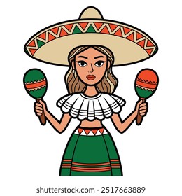 Mulher mexicana com sombrero e ilustração maracas