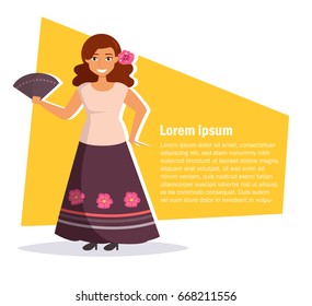 Mexican woman in traditional dress with a fan in hands. Poster with place for text. Isolated art on white background. Vector. Cartoon. Flat