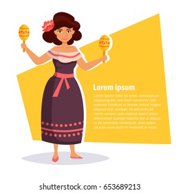 Mexican woman in traditional dress with maracas in hands. Poster with place for text.  Isolated art on white background. Vector. Cartoon. Flat