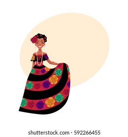 Mexican woman in traditional national dress decorated with embroidered flowers, cartoon vector illustration with place for text.