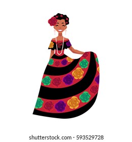 Mexican woman in traditional national dress decorated with embroidered flowers, cartoon vector illustration isolated on white background. Full length portrait of Mexican woman in national dress