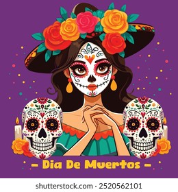 Uma mulher mexicana usa maquiagem colorida dia dos mortos ou dia de los muertos. 