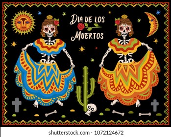 Mexican women skeletons. Day of the dead. Skull dancing. Mexican ethnic illustration