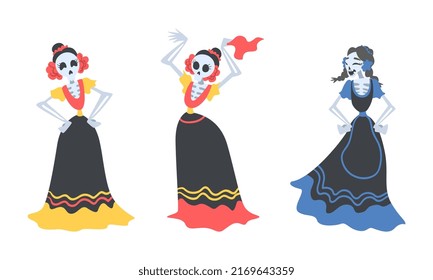 Mexican women skull dancers wearing traditional dress set. Mexican skeleton party at Day of the Dead cartoon cartoon vector illustration