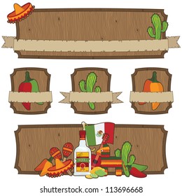 mexican wood banners and emblems, isolated on white