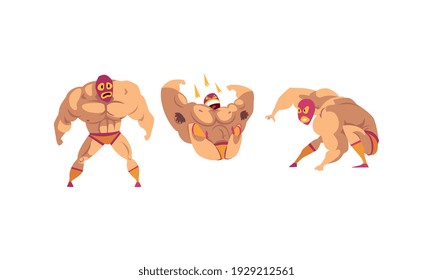 Mexican Wrestler Characters Set, Battle Acrobat Fighters in Mask Cartoon Vector Illustration