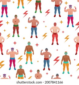 Mexican wrestler in costume and mask seamless pattern. Strong muscular lucha libre wrestling fighter sportsman and athlete showing muscle power repeated wallpaper design vector illustration