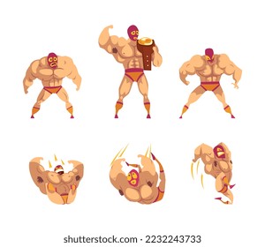 Mexican wrestler fighters in mask set. Battle acrobat fighters. Lucha Libre characters cartoon vector illustration