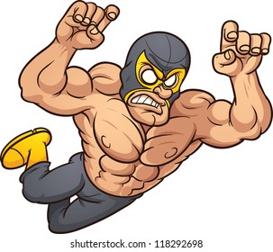 Mexican wrestler jumping. Vector clip art illustration with simple gradients. All in a single layer.