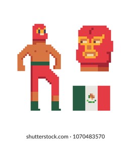 Mexican wrestler luchador fighter character pixel art icon. Luchador mask avatar Isolated vector illustration. 8-bit sprite. Design stickers, logo, mobile app.