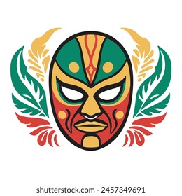 Mexican Wrestler Mask with Colorful Feathers logo, icon, emblem vector illustration