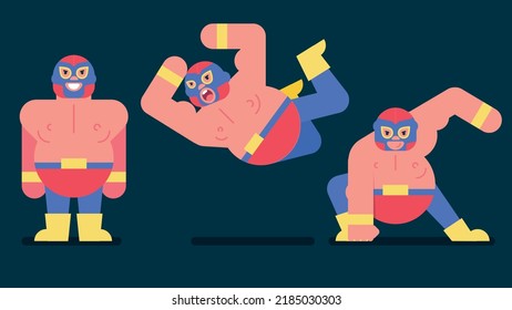 Mexican Wrestler Set mit Mask Battle Acrobat Fighter Lucha Libre, Vektorgrafik-Cartoon 