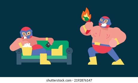 Mexican Wrestler Set with Mask Battle Acrobat Fighter Lucha Libre, Setting on sofa and eating popcorn, holding hot pepper, vector illustration cartoon