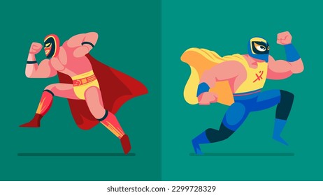 Mexican Wrestler Set with Mask Battle Acrobat Fighter Lucha Libre, different shapes, flat vector illustration cartoon 