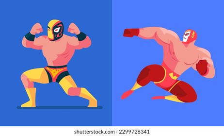 Mexican Wrestler Set with Mask Battle Acrobat Fighter Lucha Libre, different shapes, flat vector illustration cartoon 