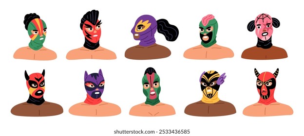 Retratos de lutadores mexicanos em máscaras. Participantes profissionais do show da Lucha Libre. Lutadores latinos em trajes brilhantes. Lutando luchador. Atletas de Fistfight. Garish