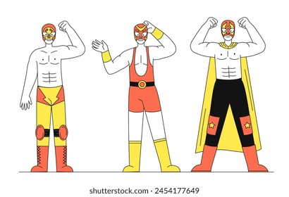 Mexican wrestlers set. Men in red masks and capes at scene. Entertainment and leisure show. People in traditional mexican costumes. Doodle flat vector collection isolated on white background