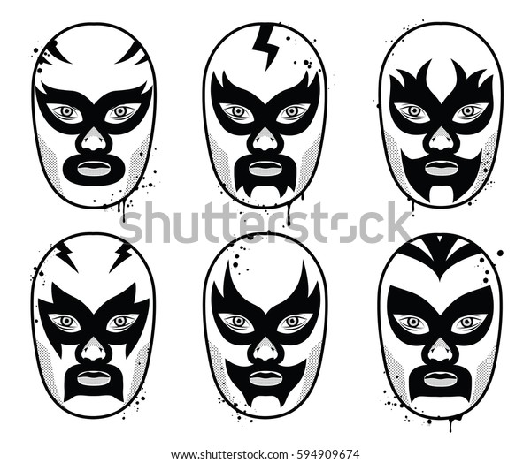 Mexican wrestling mask set. Vector illustration.\
Black and white grunge\
style.