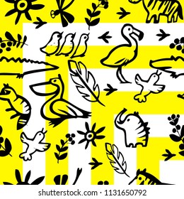 Mexican yellow, white seamless pattern. Black silhouettes of animals and plants.