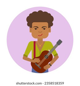 Mexican young boy guitarist with curly hair. Multicolored flat vector circle icon representing man activities and professions concept isolated on white background