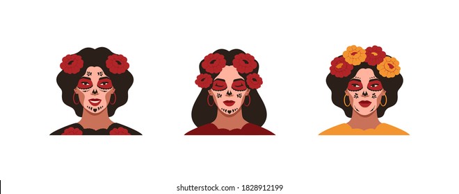 Mexican young women with sugar skull makeup for the Day of the Dead. Female festive portraits with flowers for Dia de Los Muertos. Vector illustration isolated from white