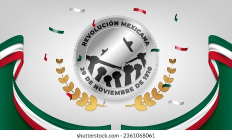 Revolución Mexicana, 20 de noviembre de 1910 greeting with silver plate, national flag colors, and confetti. Translate: Mexico Revolution day, 20 November 1910