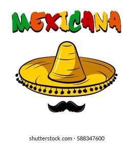 Mexicana badge. Mexican sombrero with a mustache. Vector illustration isolated on white background