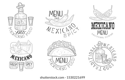 Mexicano Food Hand Drawn Retro Labels Set, Traditional Spicy Menu Monochrome Badges Vector Illustration