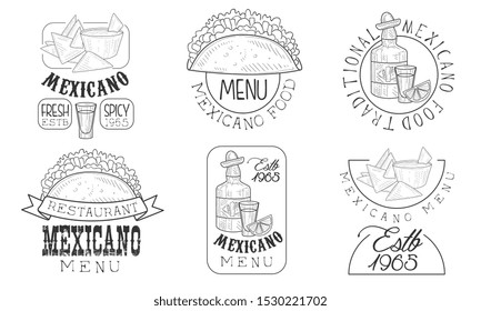 Mexicano Menu Hand Drawn Retro Labels Set, Traditional Fresh and Spicy Food Monochrome Badges Vector Illustration