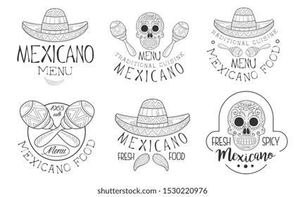 Mexicano Menu Traditional Cuisine Hand Drawn Retro Labels Set, Fresh and Spicy Food Monochrome Badges Vector Illustration