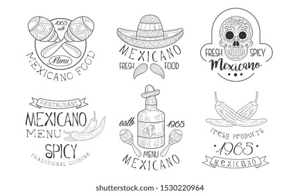 Mexicano Menu Traditional Spicy Cuisine Hand Drawn Retro Labels Set, Fresh Mexicano Food Monochrome Badges Vector Illustration