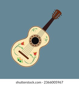 Guitarrón mexicano Mexican guitar flat vector in cartoon style. Instrument for Mariachi band. Mexican traditional culture. Dia De Los Muertos. Day of the Dead concept