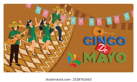 Mexicans celebrate Cinco de Mayo in a musical parade. Man wearing sombrero and playing guitar. Cinco de Mayo concept. Flat vector illustration.