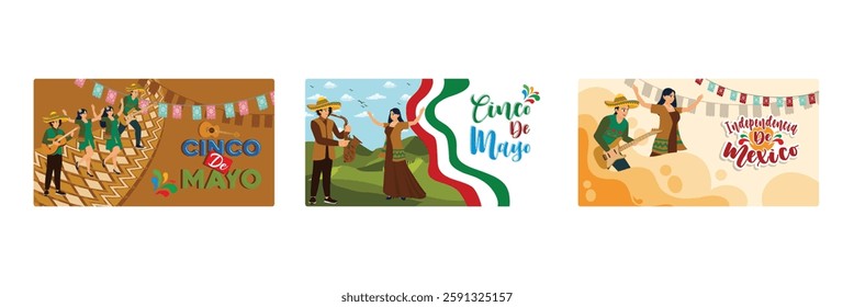 Mexicans celebrate Cinco de Mayo. Wearing costume and sombrero. Cinco de Mayo celebration with music. Cinco de Mayo concept. Set flat vector illustration.