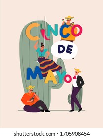 Mexicans cinco de mayo cartoon. Cinco de Mayo Mexican sombrero vector greeting holiday poster flyers design with people celebrate. Vector template with traditional Mexican symbols Mexican guitar.