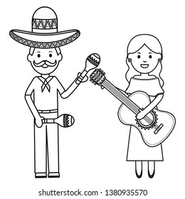 mexicans couple with mariachi hat and instruments