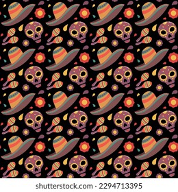 Mexican-style seamless pattern with skulls