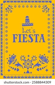 Mexican-themed Let's Fiesta design with a decorative floral border and a sombrero illustration, in blue and yellow colors. Perfect for party invitations and celebrations. Vector illustration