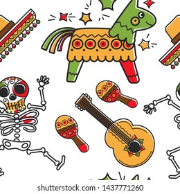 Mexicn symbols seamless pattern skeleton with ornament and guitar maracas and sombrero pinta vector traditional musical instruments holiday attributes and hat Los Muertos day and Cinco de Mayo.