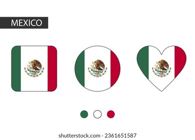 México 3 formas (cuadrado, círculo, corazón) con bandera de la ciudad. Aislado sobre fondo blanco.