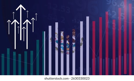 Mexico 3D bar chart graph with ups and downs, increasing values, Mexico country flag on 3D bar graph, upward rising arrow on data, news banner idea, developing country concept
