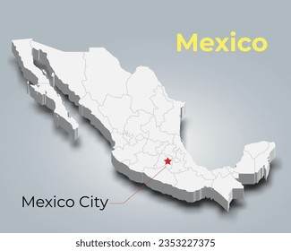 Mapa 3d de México con fronteras de regiones y su capital