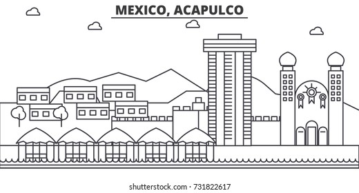 Mexico, Acapulco architecture line skyline illustration. Linear vector cityscape with famous landmarks, city sights, design icons. Landscape wtih editable strokes