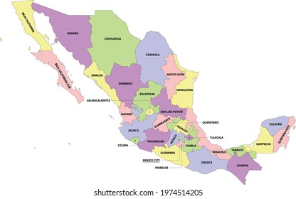 Mexico administrative map with states. Colored. Vector